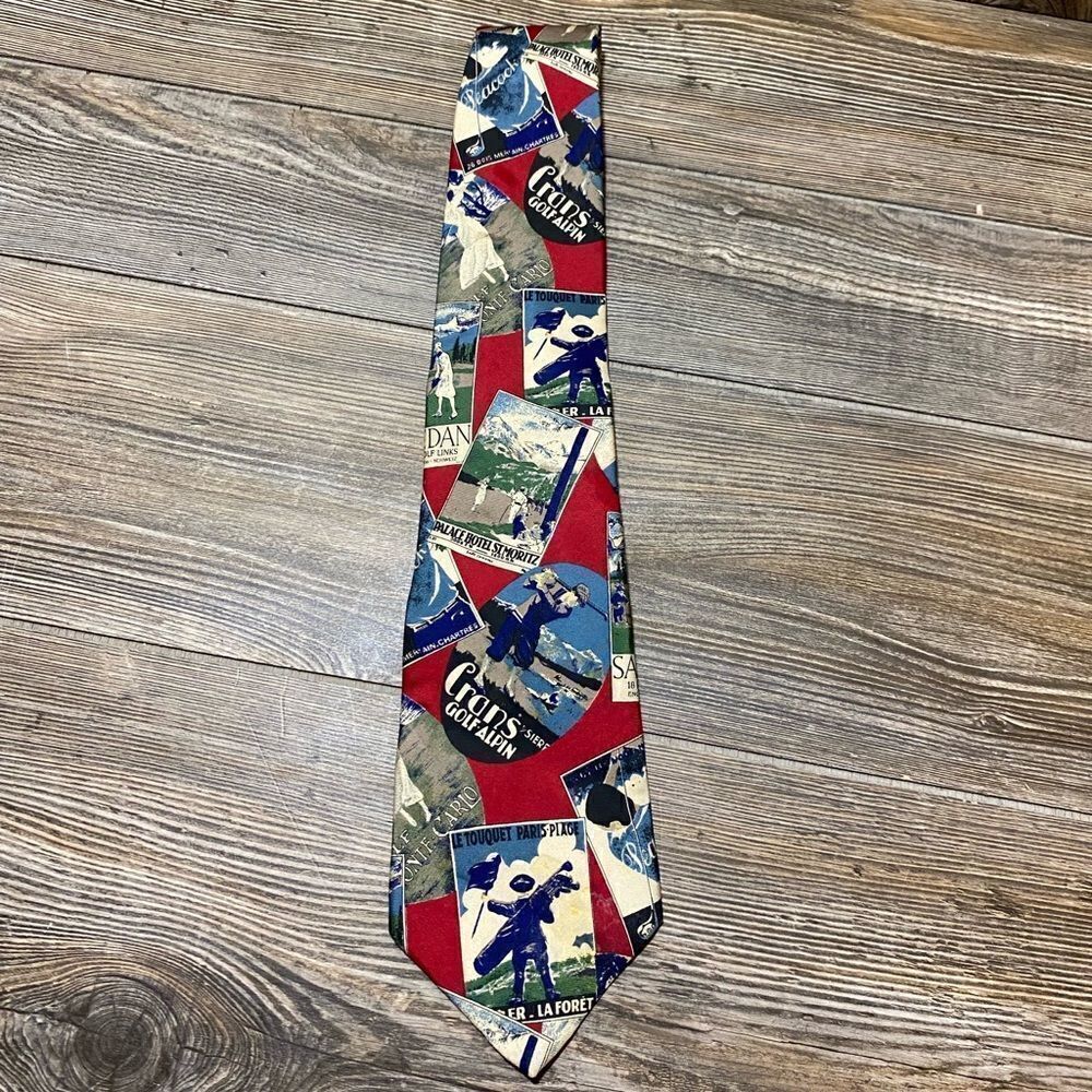 Vintage Golf Tie L'Atelier Golf Course Italian Silk Tie Made USA St Moritz Swiss